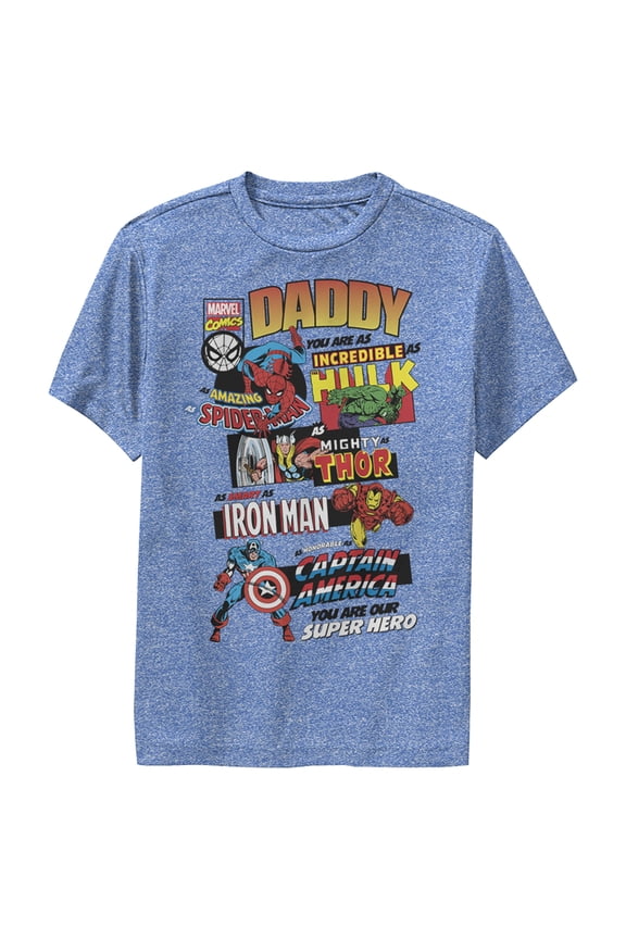 Boy's Marvel Daddy You are Our Super Hero Performance Graphic Tee Royal Blue Heather Large