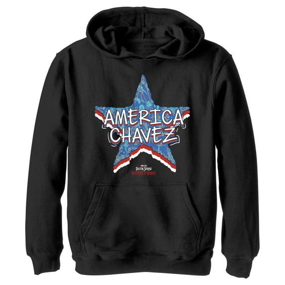 Boy's Marvel Doctor Strange in the Multiverse of Madness America Chavez Logo Pull Over Hoodie Black Medium