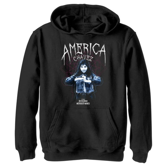 Boy's Marvel Doctor Strange in the Multiverse of Madness America Chavez Solo Pull Over Hoodie Black X Large