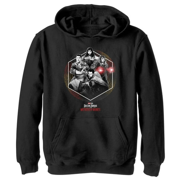 Boy's Marvel Doctor Strange in the Multiverse of Madness Black and White Panel Pull Over Hoodie Black Medium