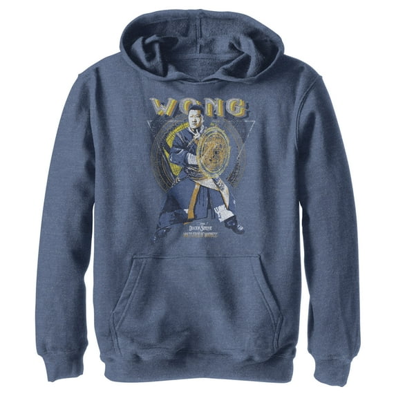 Boy's Marvel Doctor Strange in the Multiverse of Madness Distressed Wong Pull Over Hoodie Navy Blue Heather Medium