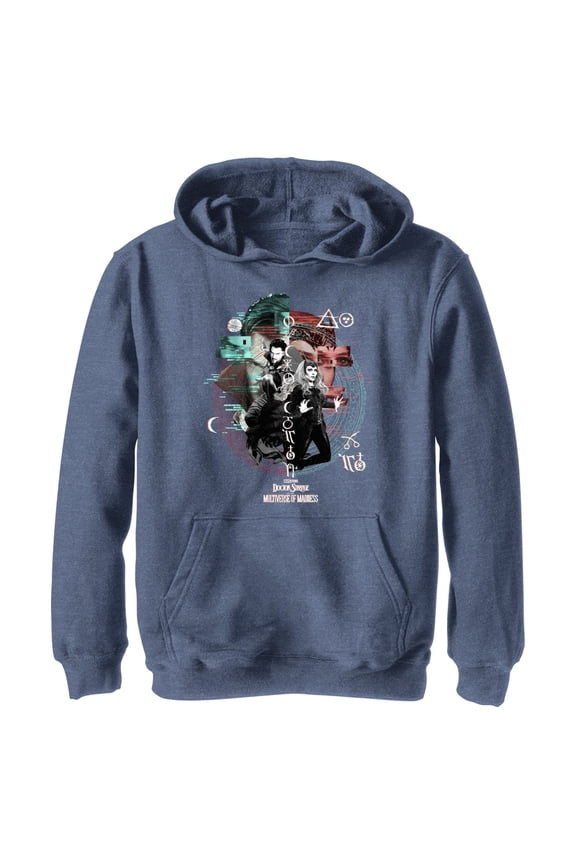Boy's Marvel Doctor Strange in the Multiverse of Madness Wanda and Strange Glitch  Pull Over Hoodie Navy Blue Heather Medium