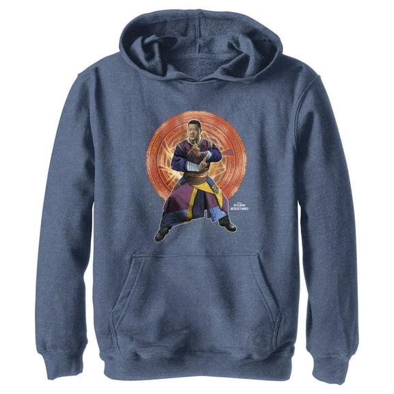 Boy's Marvel Doctor Strange in the Multiverse of Madness Wong in Action  Pull Over Hoodie Navy Blue Heather Medium