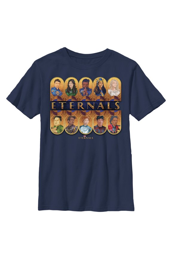 Boy's Marvel Eternals Golden Portraits Graphic Tee Navy Blue Large
