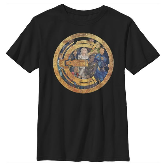 Boy's Marvel Eternals Group Gold Badge  Graphic Tee Black X Large