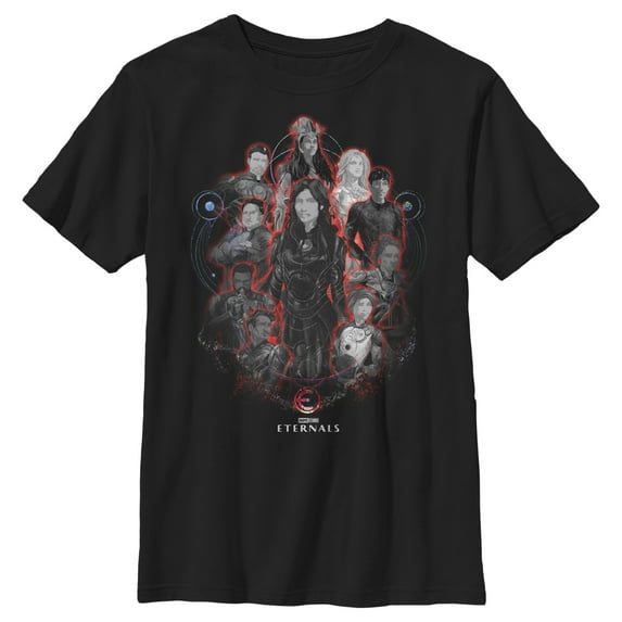 Boy's Marvel Eternals Red Glow Portraits Graphic Tee Black Large