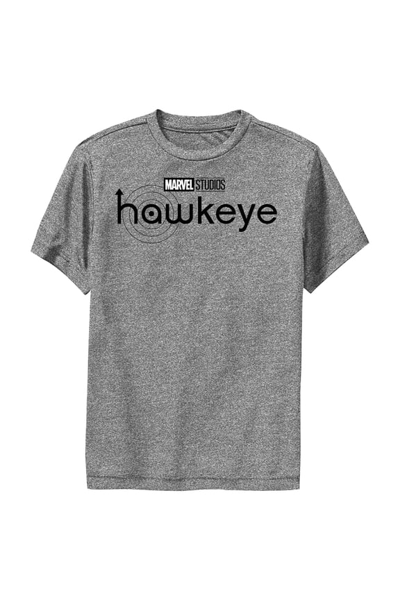 Boy's Marvel Hawkeye Black and White Logo Performance Graphic Tee Charcoal Heather Large