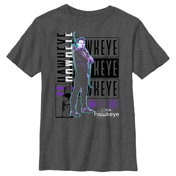 Boy's Marvel Hawkeye Bright Neon Portrait  Graphic Tee Charcoal Heather Small