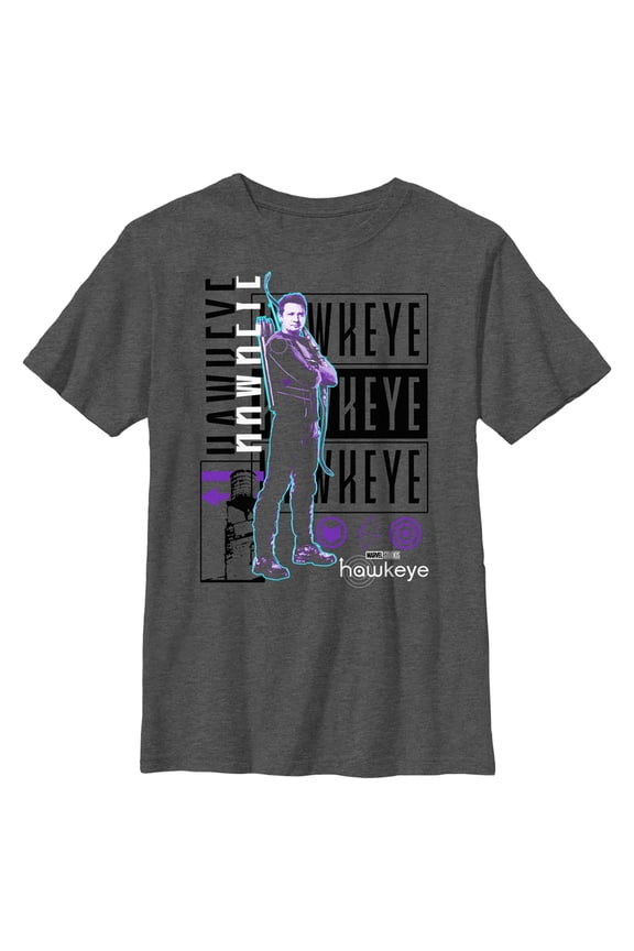 Boy's Marvel Hawkeye Bright Neon Portrait Graphic Tee Charcoal Heather Small