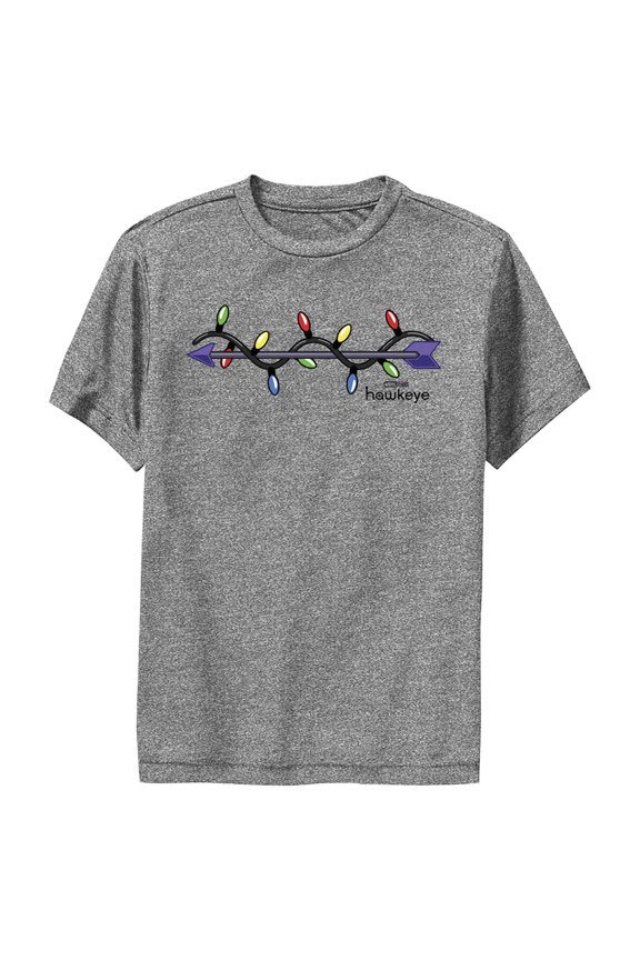 Boy's Marvel Hawkeye Holiday Arrow  Performance Graphic Tee Charcoal Heather Medium