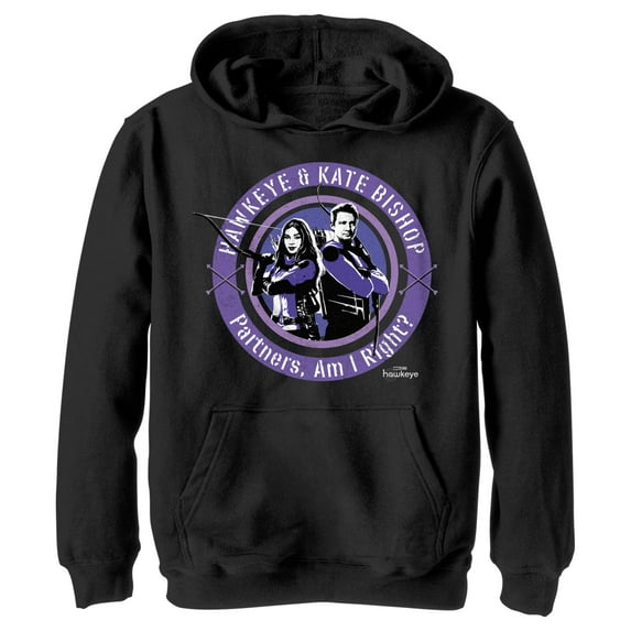 Boy's Marvel Hawkeye Partners, Am I Right? Stamp Pull Over Hoodie Black X Large