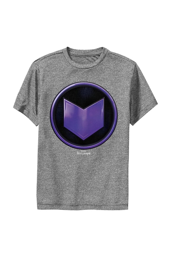 Boy's Marvel Hawkeye Purple Arrow Icon  Performance Graphic Tee Charcoal Heather Large
