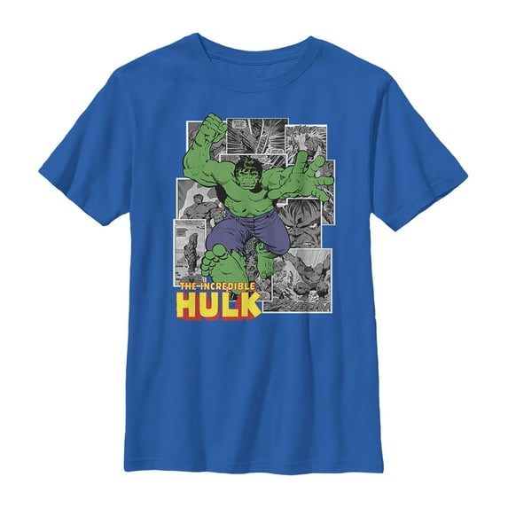 Boy's Marvel Hulk Gray Grayscale Panels Graphic Tee Royal Blue Small