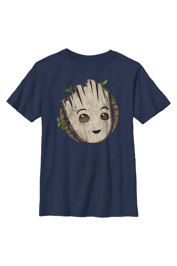 Boy's Marvel: I am Groot Cute Smiling Groot Face Graphic Tee Navy Blue Medium