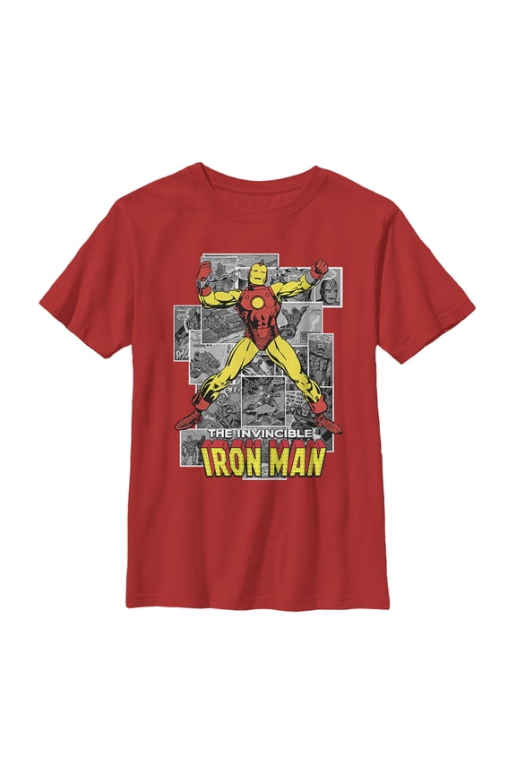 Boy's Marvel Iron Man Gray Grayscale Panels Graphic Tee Red Small
