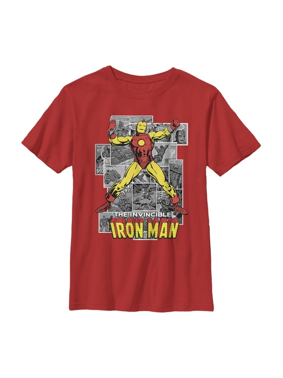 Boy's Marvel Iron Man Gray Grayscale Panels Graphic Tee Red X Small