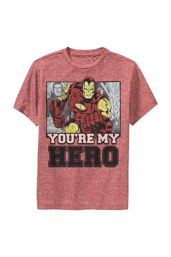 Boy's Marvel Iron Man You're My Hero Performance Graphic Tee Red Heather Medium