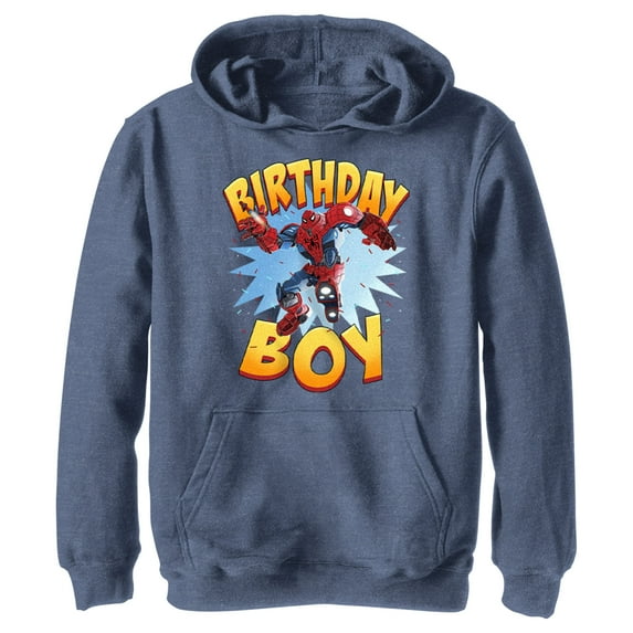 Boy's Marvel Mech Suit Spider-Man Birthday Pull Over Hoodie Navy Blue Heather Small