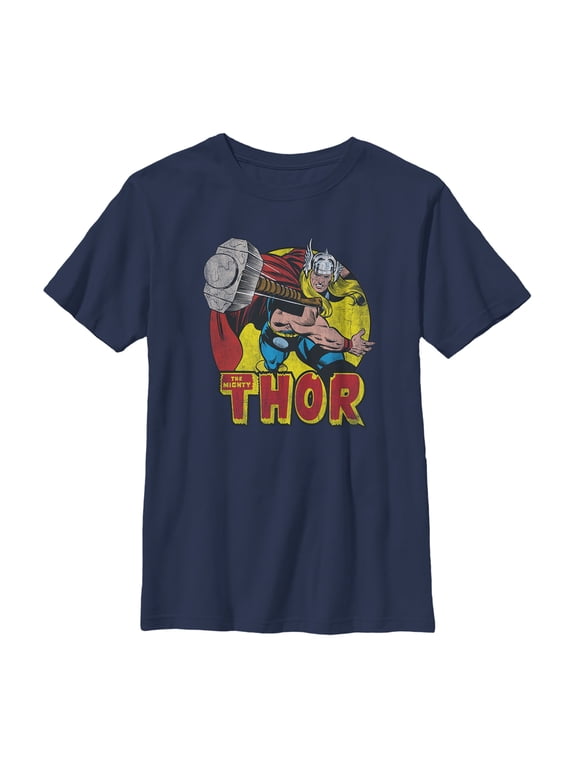 Boy's Marvel Mighty Thor Hammer Throw Graphic Tee Navy Blue Medium