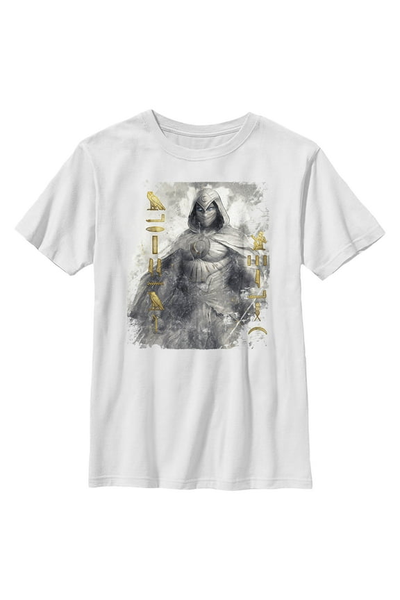 Boy's Marvel: Moon Knight Golden Hieroglyphs Portrait Sketch Graphic Tee White Large