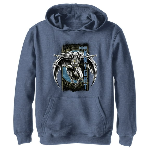 Boy's Marvel: Moon Knight Jumping Into Action From Above Pull Over Hoodie Navy Blue Heather Small