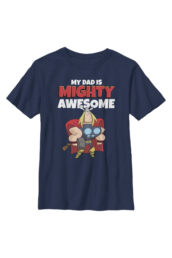 Boy's Marvel My Dad is Mighty Awesome Cartoon Thor Graphic Tee Navy Blue Large