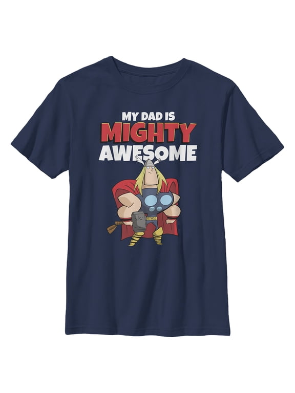 Boy's Marvel My Dad is Mighty Awesome Cartoon Thor Graphic Tee Navy Blue Medium