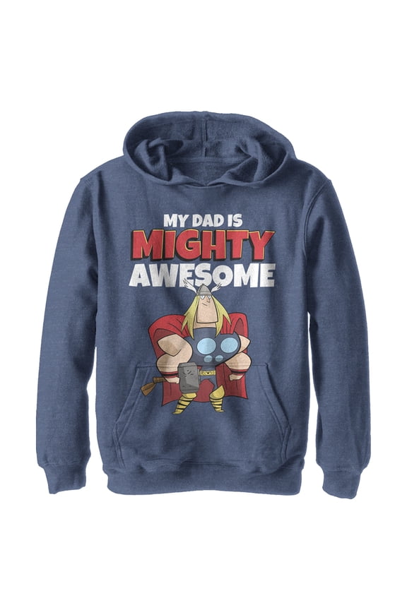Boy's Marvel My Dad is Mighty Awesome Cartoon Thor Pull Over Hoodie Navy Blue Heather Small