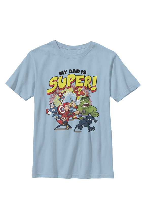 Boy's Marvel My Dad is Super Cartoon Avengers  Graphic Tee Light Blue Medium