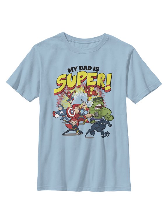 Boy's Marvel My Dad is Super Cartoon Avengers Graphic Tee Light Blue Small