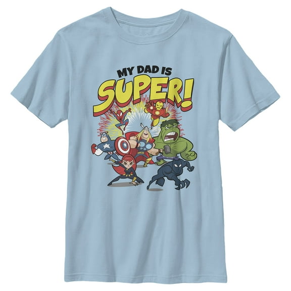 Boy's Marvel My Dad is Super Cartoon Avengers  Graphic Tee Light Blue X Large
