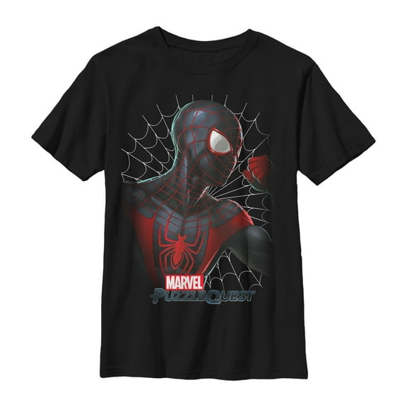 Boy's Marvel Puzzle Quest Spider-Man Web  Graphic Tee Black Small