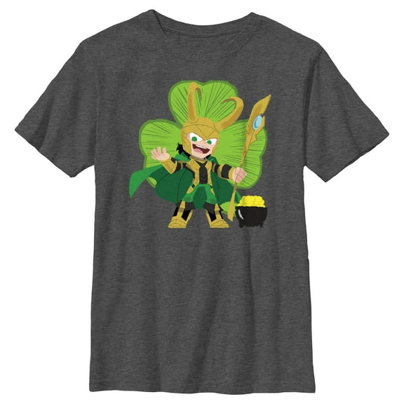 Boy's Marvel Shamrock Loki Graphic Tee Charcoal Heather Large