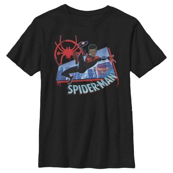 Boy's Marvel Spider-Man: Into the Spider-Verse Miles Kick Above City  Graphic Tee Black Large