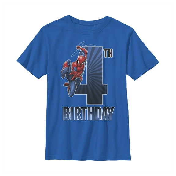 Boy's Marvel Spider-Man Swinging 4th Birthday Graphic Tee Royal Blue Small