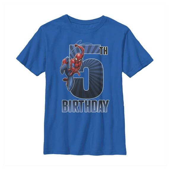 Boy's Marvel Spider-Man Swinging 5th Birthday Graphic Tee Royal Blue Large