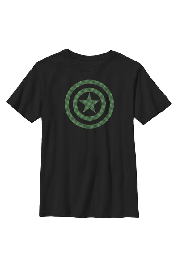 Boy's Marvel St. Patrick's Day Green Plaid Captain America Shield  Graphic Tee Black Small