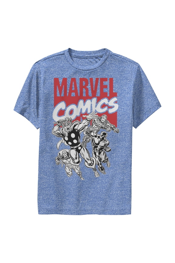 Boy's Marvel Super Avengers Comic  Performance Graphic Tee Royal Blue Heather Large