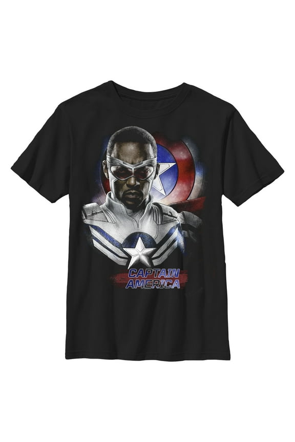 Boy's Marvel The Falcon and the Winter Soldier Captain America Pose Sam Graphic Tee Black Medium