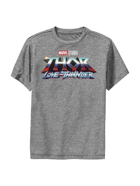 Boy's Marvel: Thor: Love and Thunder Classic Logo Performance Graphic Tee Charcoal Heather Medium
