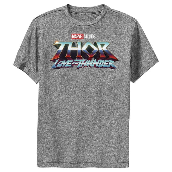 Boy's Marvel: Thor: Love and Thunder Classic Logo Performance Graphic Tee Charcoal Heather Small