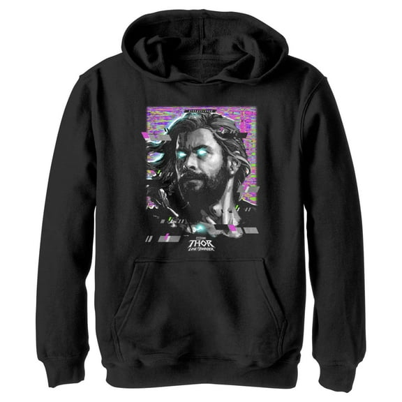 Boy's Marvel: Thor: Love and Thunder Glitch Thor  Pull Over Hoodie Black Medium