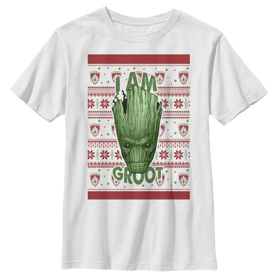 Boy's Marvel Ugly Christmas Guardians of the Galaxy Groot Portrait Graphic Tee White Small