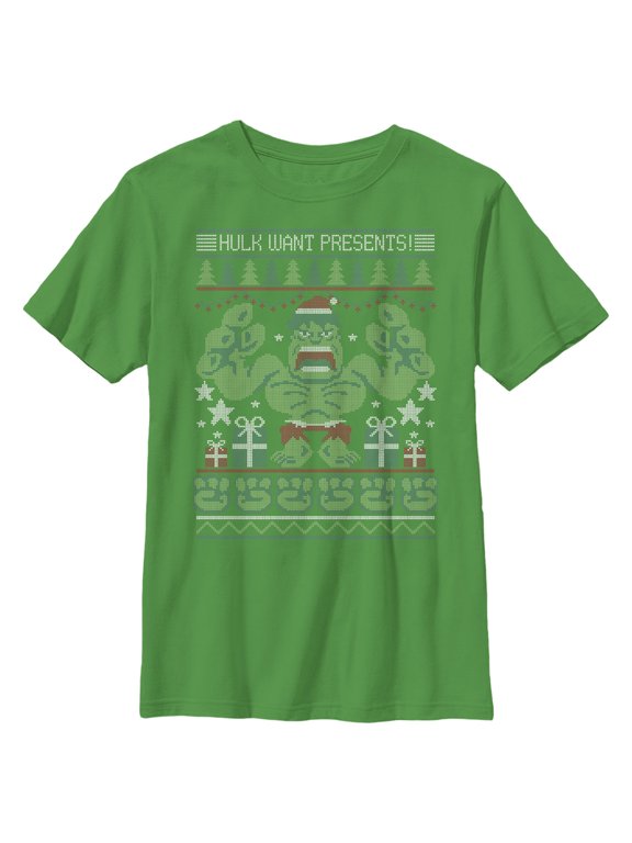 Boy's Marvel Ugly Christmas Hulk Want Presents Graphic Tee Kelly Green Large