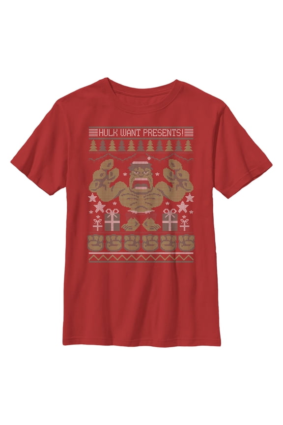 Boy's Marvel Ugly Christmas Hulk Want Presents Graphic Tee Red Large