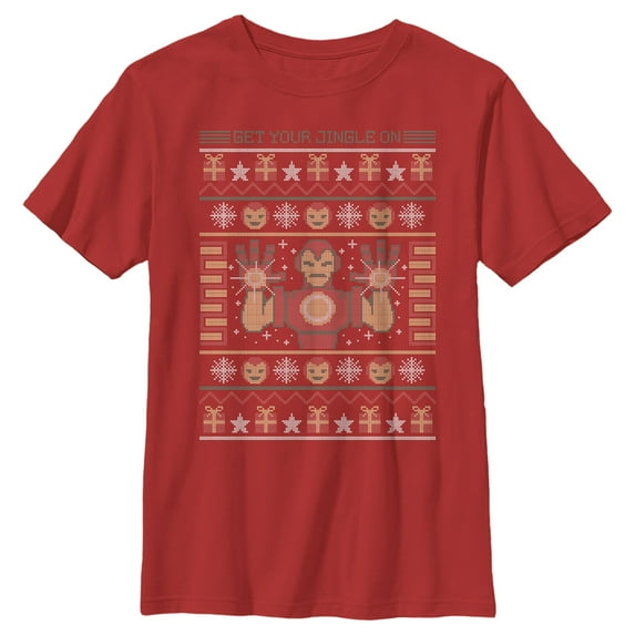 Boy's Marvel Ugly Christmas Iron Man Graphic Tee Red Large