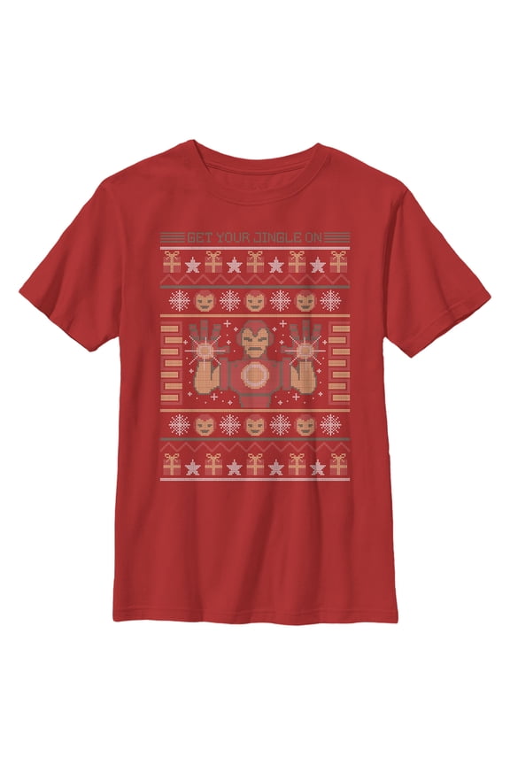 Boy's Marvel Ugly Christmas Iron Man Graphic Tee Red Medium
