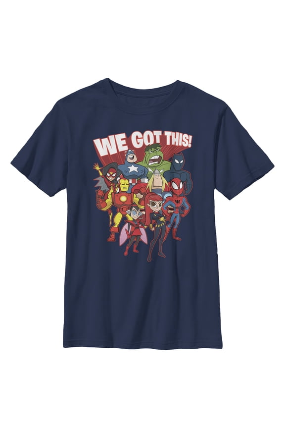 Boy's Marvel We've Got This Collage Graphic Tee Navy Blue Large
