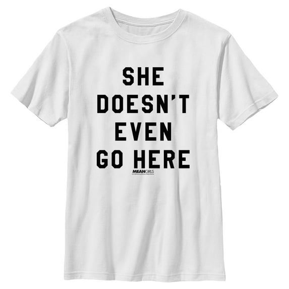 Boy's Mean Girls She Doesn't Even Go Here Black Bold Graphic Tee White Medium