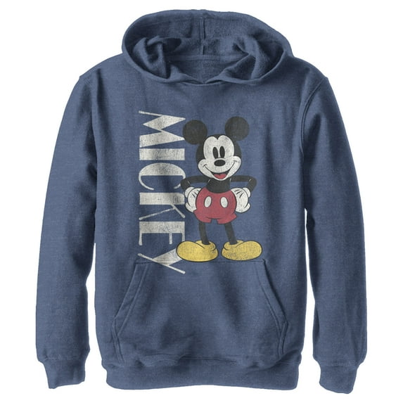 Boy's Mickey & Friends '90s Mickey Mouse Distressed Pull Over Hoodie Navy Blue Heather Large